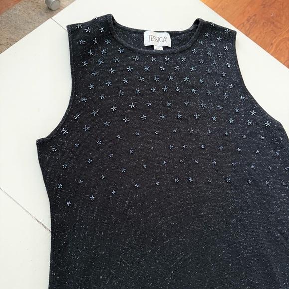JESSICA Black Shimmer Knit Tank Top Flower Star Beaded Sleeveless Embroidered - Picture 4 of 5